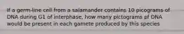 If a germ-line cell from a salamander contains 10 picograms of DNA during G1 of interphase, how many pictograms pf DNA would be present in each gamete produced by this species