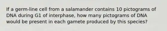 If a germ-line cell from a salamander contains 10 pictograms of DNA during G1 of interphase, how many pictograms of DNA would be present in each gamete produced by this species?