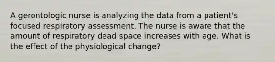 A gerontologic nurse is analyzing the data from a patient's focused respiratory assessment. The nurse is aware that the amount of respiratory dead space increases with age. What is the effect of the physiological change?