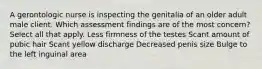 A gerontologic nurse is inspecting the genitalia of an older adult male client. Which assessment findings are of the most concern? Select all that apply. Less firmness of the testes Scant amount of pubic hair Scant yellow discharge Decreased penis size Bulge to the left inguinal area