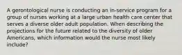 A gerontological nurse is conducting an in-service program for a group of nurses working at a large urban health care center that serves a diverse older adult population. When describing the projections for the future related to the diversity of older Americans, which information would the nurse most likely include?