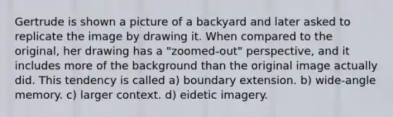 Gertrude is shown a picture of a backyard and later asked to replicate the image by drawing it. When compared to the original, her drawing has a "zoomed-out" perspective, and it includes more of the background than the original image actually did. This tendency is called a) boundary extension. b) wide-angle memory. c) larger context. d) eidetic imagery.