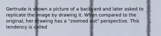 Gertrude is shown a picture of a backyard and later asked to replicate the image by drawing it. When compared to the original, her drawing has a "zoomed out" perspective. This tendency is called