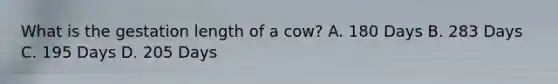 What is the gestation length of a cow? A. 180 Days B. 283 Days C. 195 Days D. 205 Days