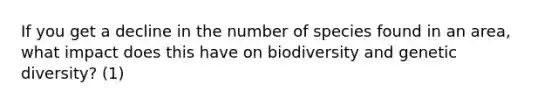 If you get a decline in the number of species found in an area, what impact does this have on biodiversity and genetic diversity? (1)