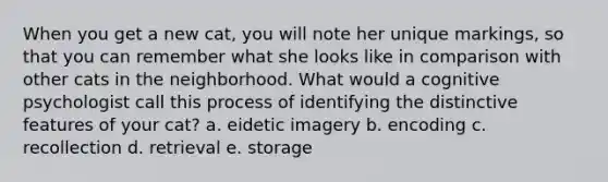 When you get a new cat, you will note her unique markings, so that you can remember what she looks like in comparison with other cats in the neighborhood. What would a cognitive psychologist call this process of identifying the distinctive features of your cat? a. eidetic imagery b. encoding c. recollection d. retrieval e. storage