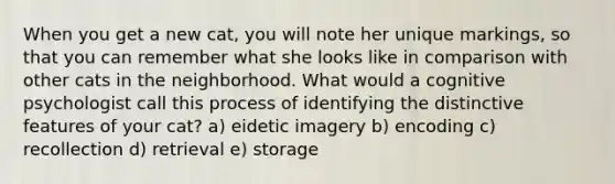 When you get a new cat, you will note her unique markings, so that you can remember what she looks like in comparison with other cats in the neighborhood. What would a cognitive psychologist call this process of identifying the distinctive features of your cat? a) eidetic imagery b) encoding c) recollection d) retrieval e) storage