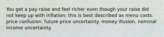 You get a pay raise and feel richer even though your raise did not keep up with inflation; this is best described as menu costs. price confusion. future price uncertainty. money illusion. nominal income uncertainty.