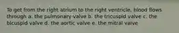 To get from the right atrium to the right ventricle, blood flows through a. the pulmonary valve b. the tricuspid valve c. the bicuspid valve d. the aortic valve e. the mitral valve