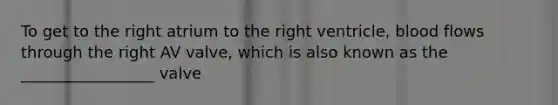 To get to the right atrium to the right ventricle, blood flows through the right AV valve, which is also known as the _________________ valve