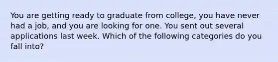 You are getting ready to graduate from college, you have never had a job, and you are looking for one. You sent out several applications last week. Which of the following categories do you fall into?