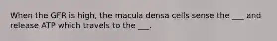 When the GFR is high, the macula densa cells sense the ___ and release ATP which travels to the ___.