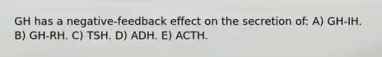 GH has a negative-feedback effect on the secretion of: A) GH-IH. B) GH-RH. C) TSH. D) ADH. E) ACTH.