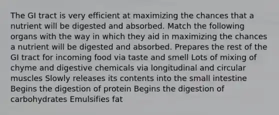 The GI tract is very efficient at maximizing the chances that a nutrient will be digested and absorbed. Match the following organs with the way in which they aid in maximizing the chances a nutrient will be digested and absorbed. Prepares the rest of the GI tract for incoming food via taste and smell Lots of mixing of chyme and digestive chemicals via longitudinal and circular muscles Slowly releases its contents into the small intestine Begins the digestion of protein Begins the digestion of carbohydrates Emulsifies fat