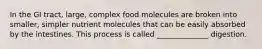 In the GI tract, large, complex food molecules are broken into smaller, simpler nutrient molecules that can be easily absorbed by the intestines. This process is called ______________ digestion.