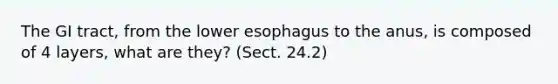 The GI tract, from the lower esophagus to the anus, is composed of 4 layers, what are they? (Sect. 24.2)