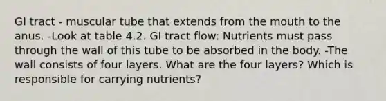 GI tract - muscular tube that extends from the mouth to the anus. -Look at table 4.2. GI tract flow: Nutrients must pass through the wall of this tube to be absorbed in the body. -The wall consists of four layers. What are the four layers? Which is responsible for carrying nutrients?