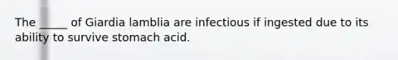 The _____ of Giardia lamblia are infectious if ingested due to its ability to survive stomach acid.