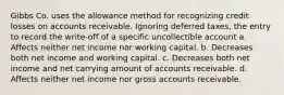 Gibbs Co. uses the allowance method for recognizing credit losses on accounts receivable. Ignoring deferred taxes, the entry to record the write-off of a specific uncollectible account a. Affects neither net income nor working capital. b. Decreases both net income and working capital. c. Decreases both net income and net carrying amount of accounts receivable. d. Affects neither net income nor gross accounts receivable.