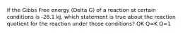 If the Gibbs Free energy (Delta G) of a reaction at certain conditions is -28.1 kJ, which statement is true about the reaction quotient for the reaction under those conditions? Q K Q=K Q=1