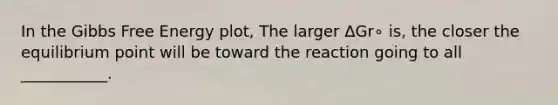 In the Gibbs Free Energy plot, The larger ΔGr∘ is, the closer the equilibrium point will be toward the reaction going to all ___________.