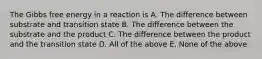 The Gibbs free energy in a reaction is A. The difference between substrate and transition state B. The difference between the substrate and the product C. The difference between the product and the transition state D. All of the above E. None of the above