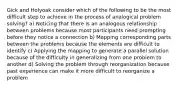 Gick and Holyoak consider which of the following to be the most difficult step to achieve in the process of analogical problem solving? a) Noticing that there is an analogous relationship between problems because most participants need prompting before they notice a connection b) Mapping corresponding parts between the problems because the elements are difficult to identify c) Applying the mapping to generate a parallel solution because of the difficulty in generalizing from one problem to another d) Solving the problem through reorganization because past experience can make it more difficult to reorganize a problem