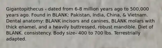 Gigantopithecus - dated from 6-8 million years ago to 500,000 years ago. Found in BLANK: Pakistan, India, China, & Vietnam. Dental anatomy: BLANK incisors and canines, BLANK molars with thick enamel, and a heavily buttressed, robust mandible. Diet of BLANK. consistency. Body size- 400 to 700 lbs. Terrestrially adapted.