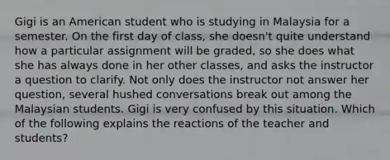 Gigi is an American student who is studying in Malaysia for a semester. On the first day of class, she doesn't quite understand how a particular assignment will be graded, so she does what she has always done in her other classes, and asks the instructor a question to clarify. Not only does the instructor not answer her question, several hushed conversations break out among the Malaysian students. Gigi is very confused by this situation. Which of the following explains the reactions of the teacher and students?