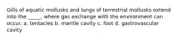 Gills of aquatic mollusks and lungs of terrestrial mollusks extend into the _____, where gas exchange with the environment can occur. a. tentacles b. mantle cavity c. foot d. gastrovascular cavity