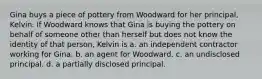 Gina buys a piece of pottery from Woodward for her principal, Kelvin. If Woodward knows that Gina is buying the pottery on behalf of someone other than herself but does not know the identity of that person, Kelvin is a. an independent contractor working for Gina. b. an agent for Woodward. c. an undisclosed principal. d. a partially disclosed principal.