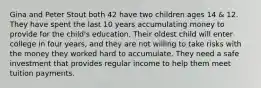 Gina and Peter Stout both 42 have two children ages 14 & 12. They have spent the last 10 years accumulating money to provide for the child's education. Their oldest child will enter college in four years, and they are not willing to take risks with the money they worked hard to accumulate. They need a safe investment that provides regular income to help them meet tuition payments.