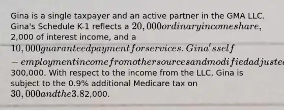 Gina is a single taxpayer and an active partner in the GMA LLC. Gina's Schedule K-1 reflects a 20,000 ordinary income share,2,000 of interest income, and a 10,000 guaranteed payment for services. Gina's self-employment income from other sources and modified adjusted gross income is about300,000. With respect to the income from the LLC, Gina is subject to the 0.9% additional Medicare tax on 30,000 and the 3.8% net investment income tax of2,000.