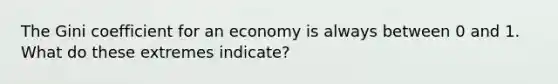 The Gini coefficient for an economy is always between 0 and 1. What do these extremes indicate?