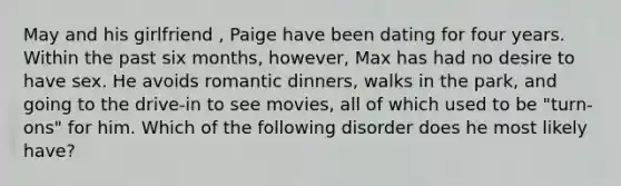 May and his girlfriend , Paige have been dating for four years. Within the past six months, however, Max has had no desire to have sex. He avoids romantic dinners, walks in the park, and going to the drive-in to see movies, all of which used to be "turn-ons" for him. Which of the following disorder does he most likely have?