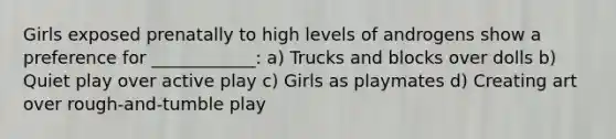 Girls exposed prenatally to high levels of androgens show a preference for ____________: a) Trucks and blocks over dolls b) Quiet play over active play c) Girls as playmates d) Creating art over rough-and-tumble play