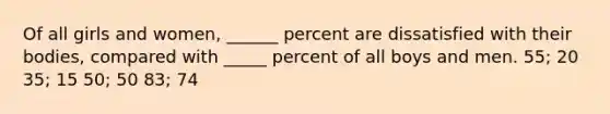 Of all girls and women, ______ percent are dissatisfied with their bodies, compared with _____ percent of all boys and men. 55; 20 35; 15 50; 50 83; 74