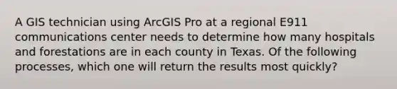 A GIS technician using ArcGIS Pro at a regional E911 communications center needs to determine how many hospitals and forestations are in each county in Texas. Of the following processes, which one will return the results most quickly?