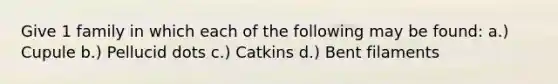 Give 1 family in which each of the following may be found: a.) Cupule b.) Pellucid dots c.) Catkins d.) Bent filaments