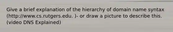 Give a brief explanation of the hierarchy of domain name syntax (http://www.cs.rutgers.edu. )- or draw a picture to describe this. (video DNS Explained)