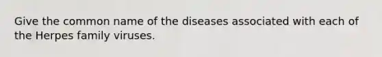 Give the common name of the diseases associated with each of the Herpes family viruses.