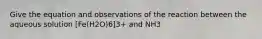 Give the equation and observations of the reaction between the aqueous solution [Fe(H2O)6]3+ and NH3