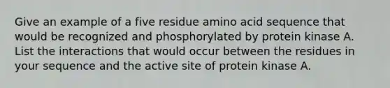 Give an example of a five residue amino acid sequence that would be recognized and phosphorylated by protein kinase A. List the interactions that would occur between the residues in your sequence and the active site of protein kinase A.