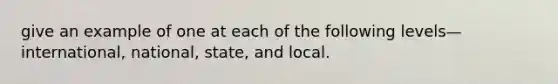 give an example of one at each of the following levels— international, national, state, and local.