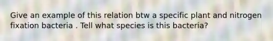 Give an example of this relation btw a specific plant and nitrogen fixation bacteria . Tell what species is this bacteria?