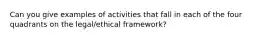 Can you give examples of activities that fall in each of the four quadrants on the legal/ethical framework?