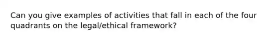 Can you give examples of activities that fall in each of the four quadrants on the legal/ethical framework?