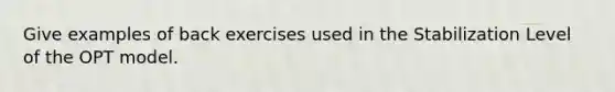 Give examples of back exercises used in the Stabilization Level of the OPT model.