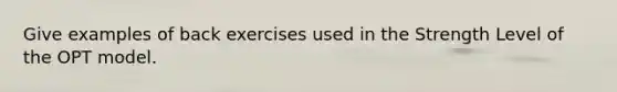 Give examples of back exercises used in the Strength Level of the OPT model.