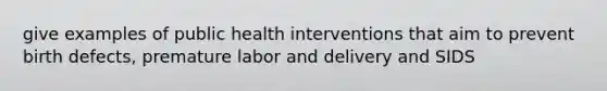 give examples of public health interventions that aim to prevent birth defects, premature labor and delivery and SIDS